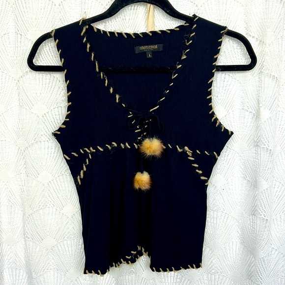 Roberto Cavalli black top with fur stitched edges and fur details sz.L vintage - Picture 2 of 12